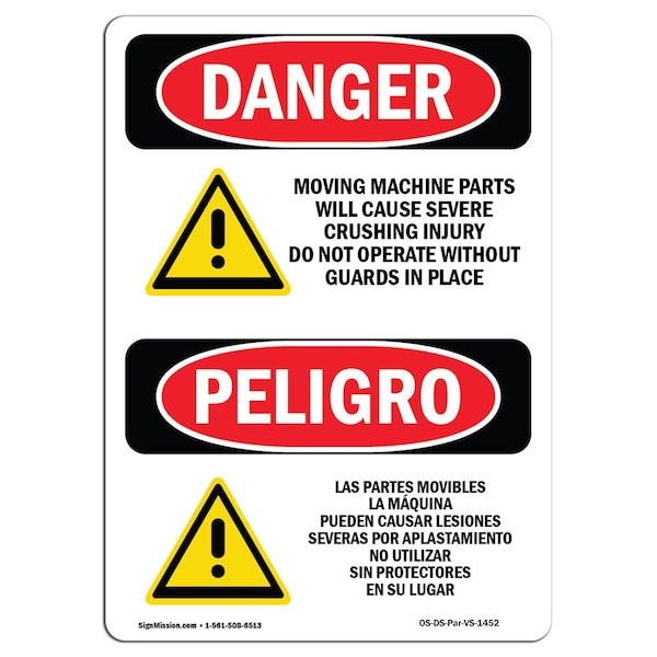 OSHA Sign, Moving Machine Parts Crushing Bilingual, 10in X 7in Alum, 7" W, 10" H, Spanish